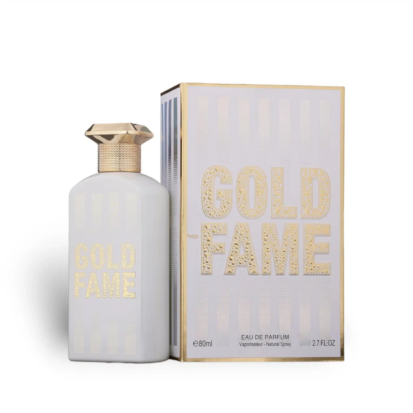 Gold Fame 100ml Eau de Parfum by Fragrance World bottle and box