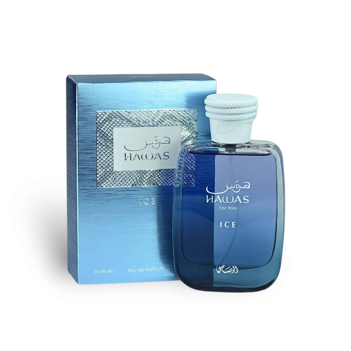 Hawas Ice 100ml Eau de Parfum by Rasasi bottle and box