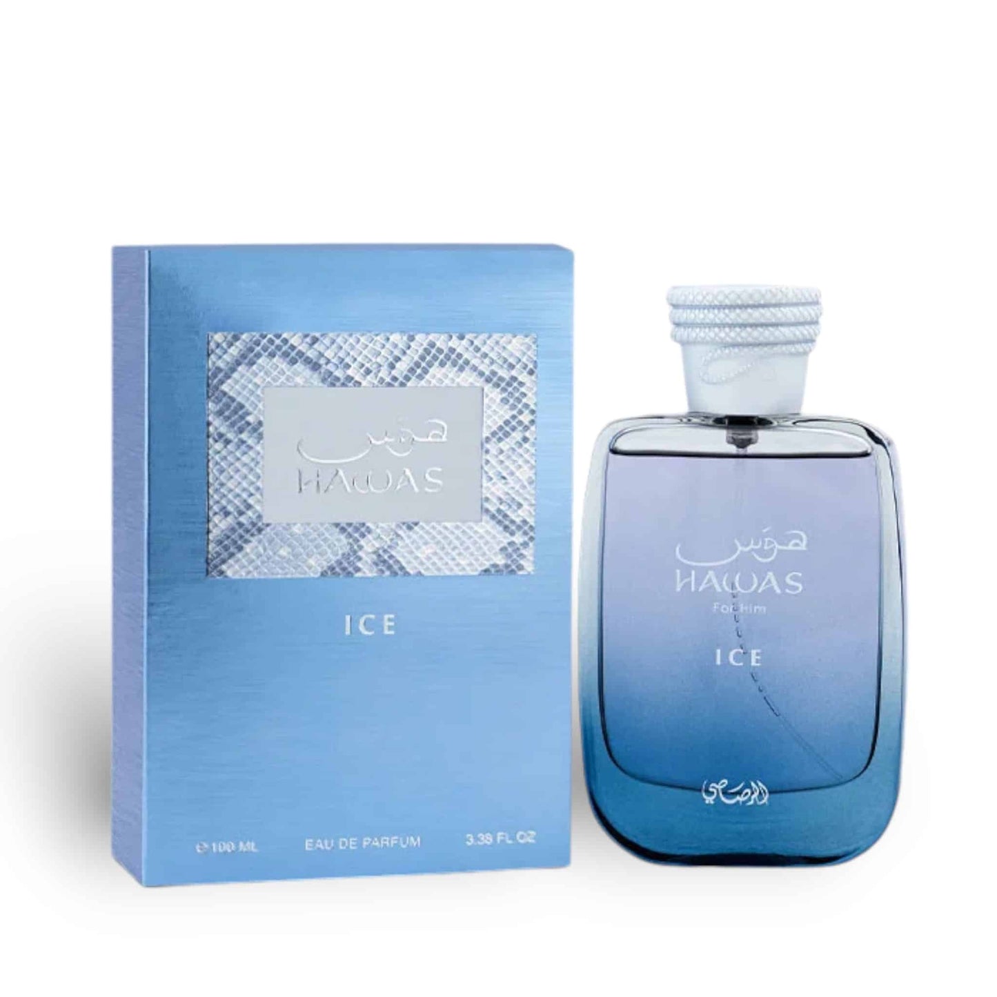 Hawas Ice 100ml Eau de Parfum by Rasasi perfume bottle close up