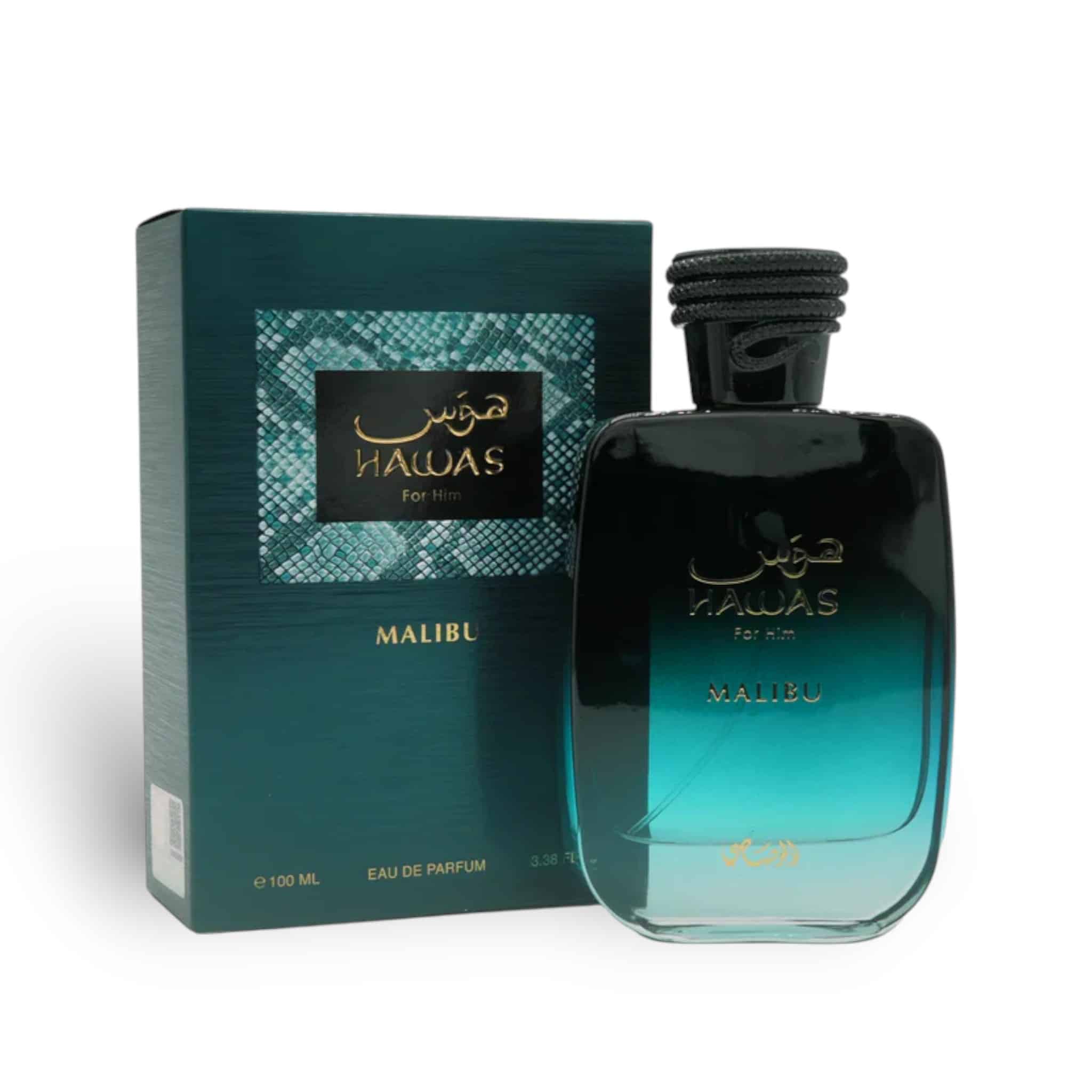 Hawas Malibu For Him 100ml Eau de Parfum by Rasasi bottle and box