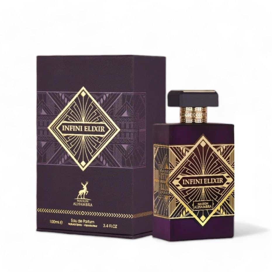 Infini Elixir 100ml Eau de Parfum by Maison Alhambra bottle and box