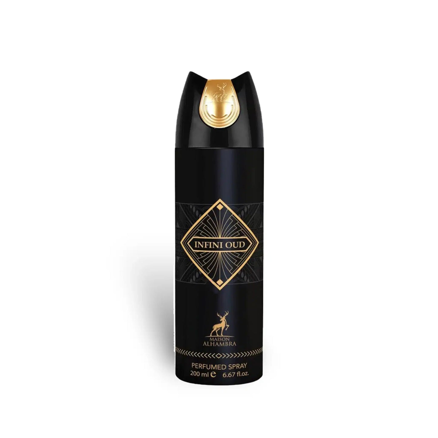 Infini Oud Perfumed 200ml Body Spray by Maison Alhambra body spray can and packaging