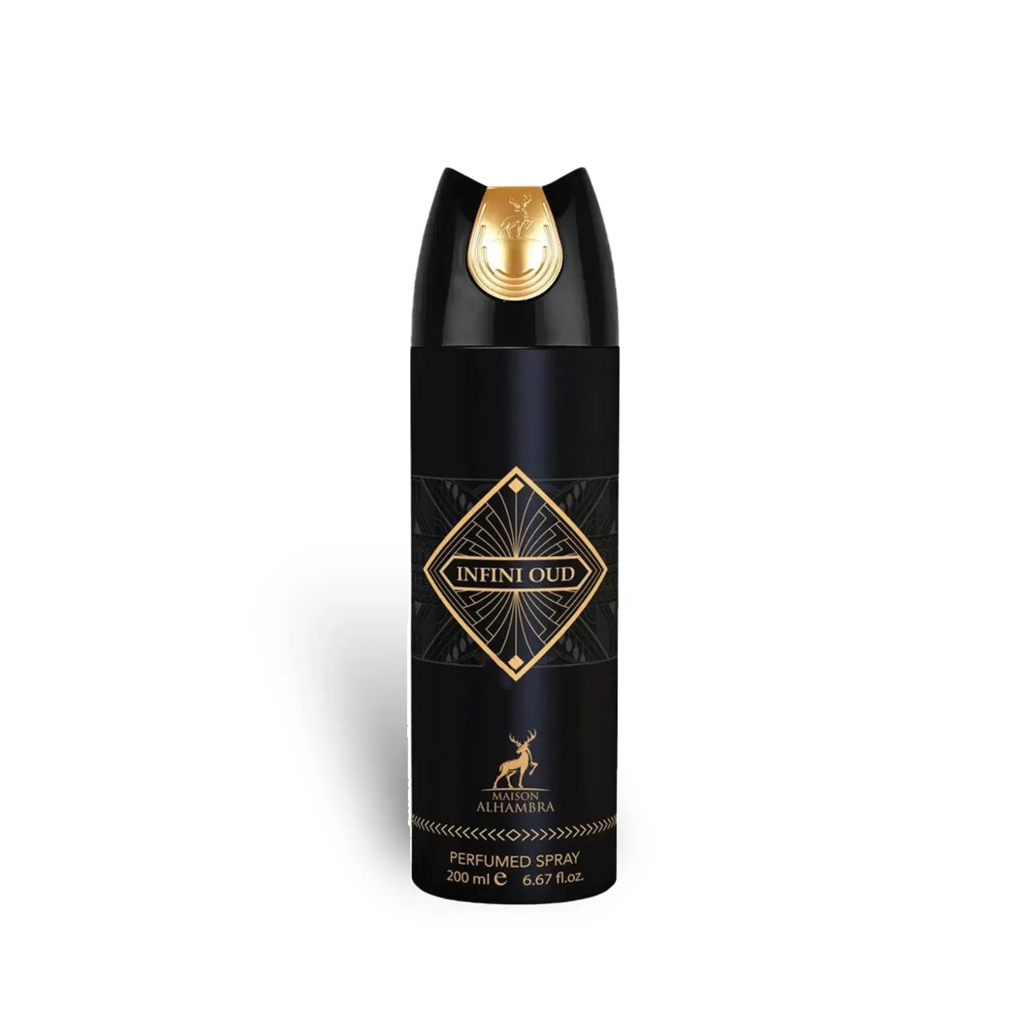 Infini Oud Perfumed 200ml Body Spray by Maison Alhambra body spray can and packaging