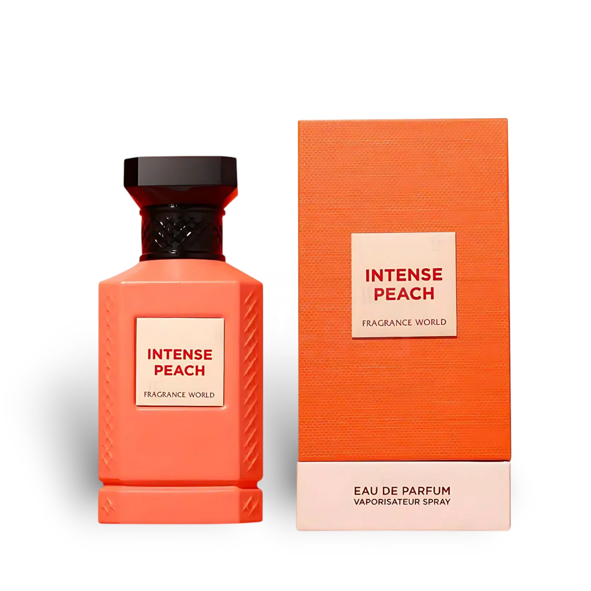 Intense Peach 150ml Eau de Parfum by Fragrance World bottle and box