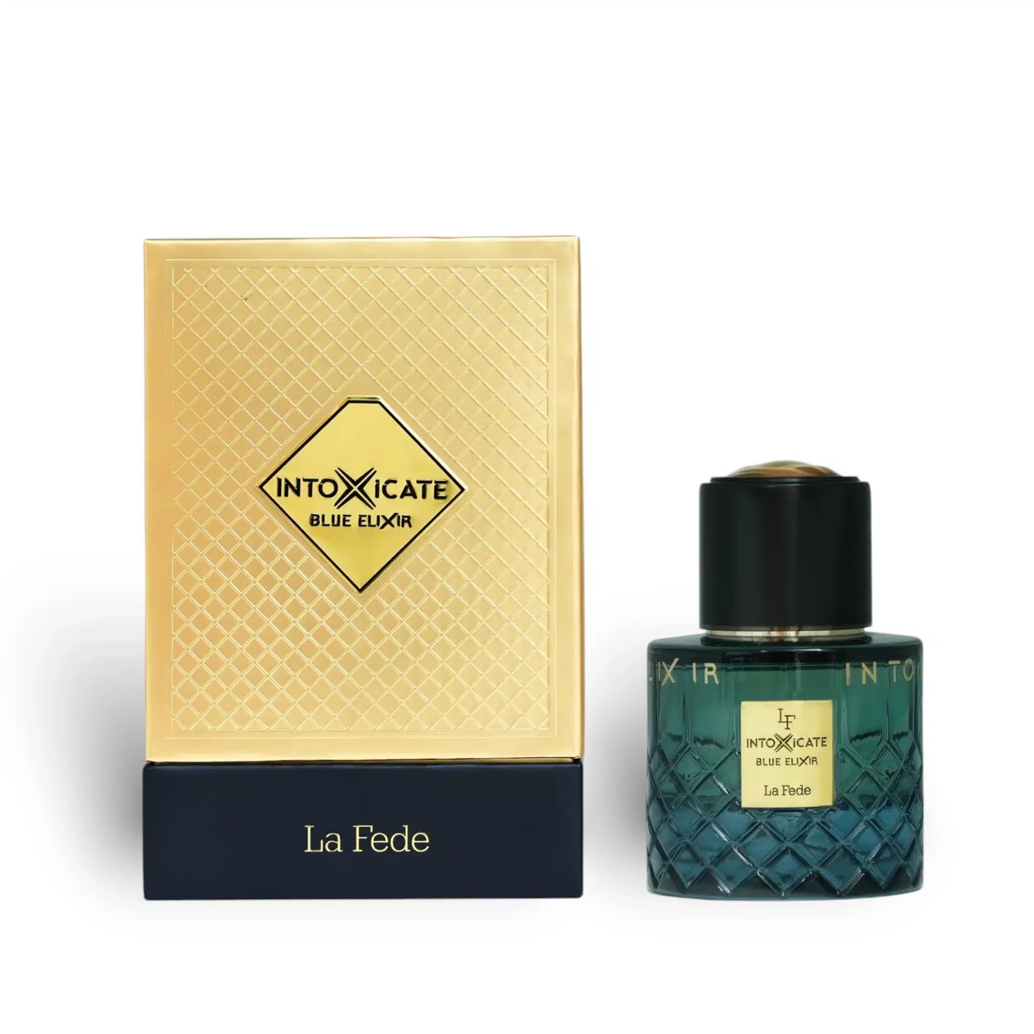 Intoxicate Blue Elixir 100ml Eau de Parfum by Khadlaj bottle and box
