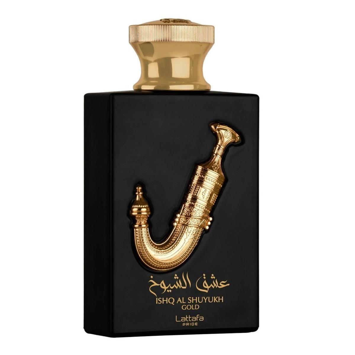 Ishq Al Shuyukh Gold 100ml Eau de Parfum by Lattafa Pride fragrance bottle