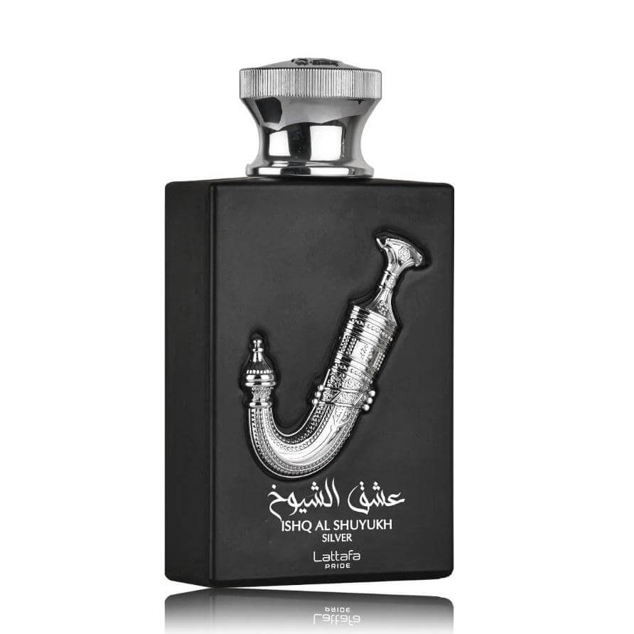 Ishq Al Shuyukh Silver 100ml Eau de Parfum by Lattafa Pride fragrance packaging front view