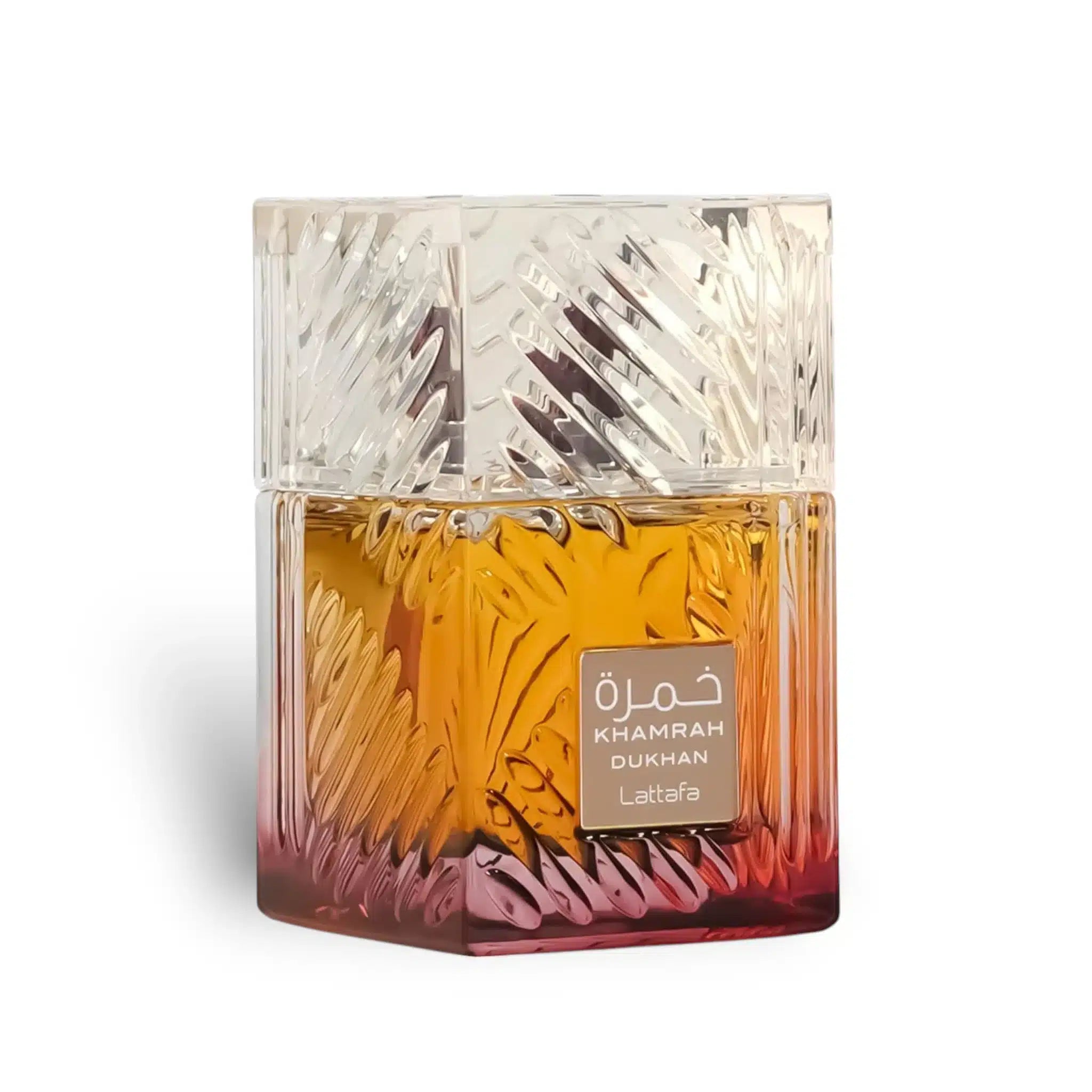 Khamrah Dukhan 100ml Eau de Parfum by Lattafa perfume bottle close up