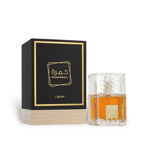 Khamrah 100ml Eau de Parfum by Lattafa bottle and box