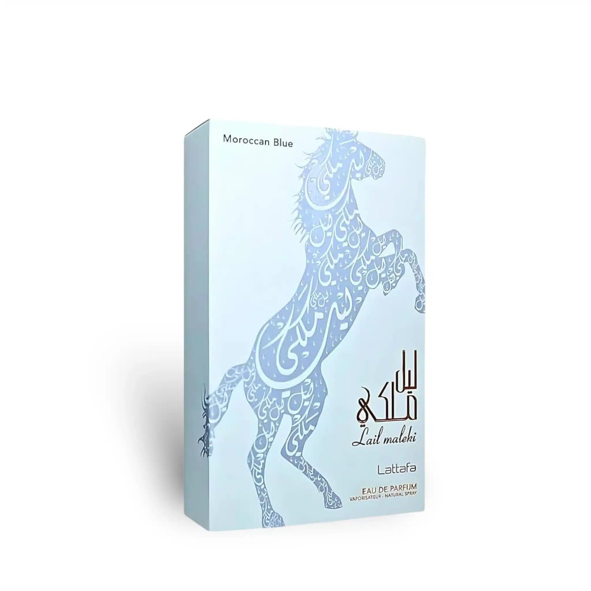Lail Maleki Morrocan Blue 100ml Eau de Parfum by Lattafa bottle and box