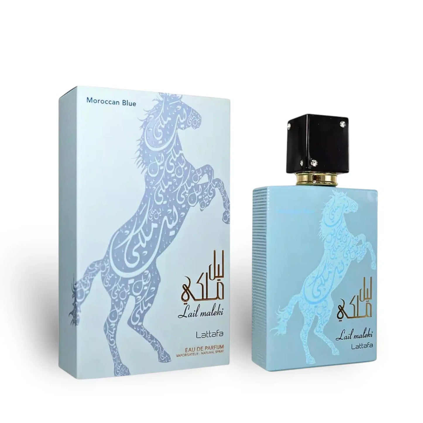 Lail Maleki Morrocan Blue 100ml Eau de Parfum by Lattafa bottle and box