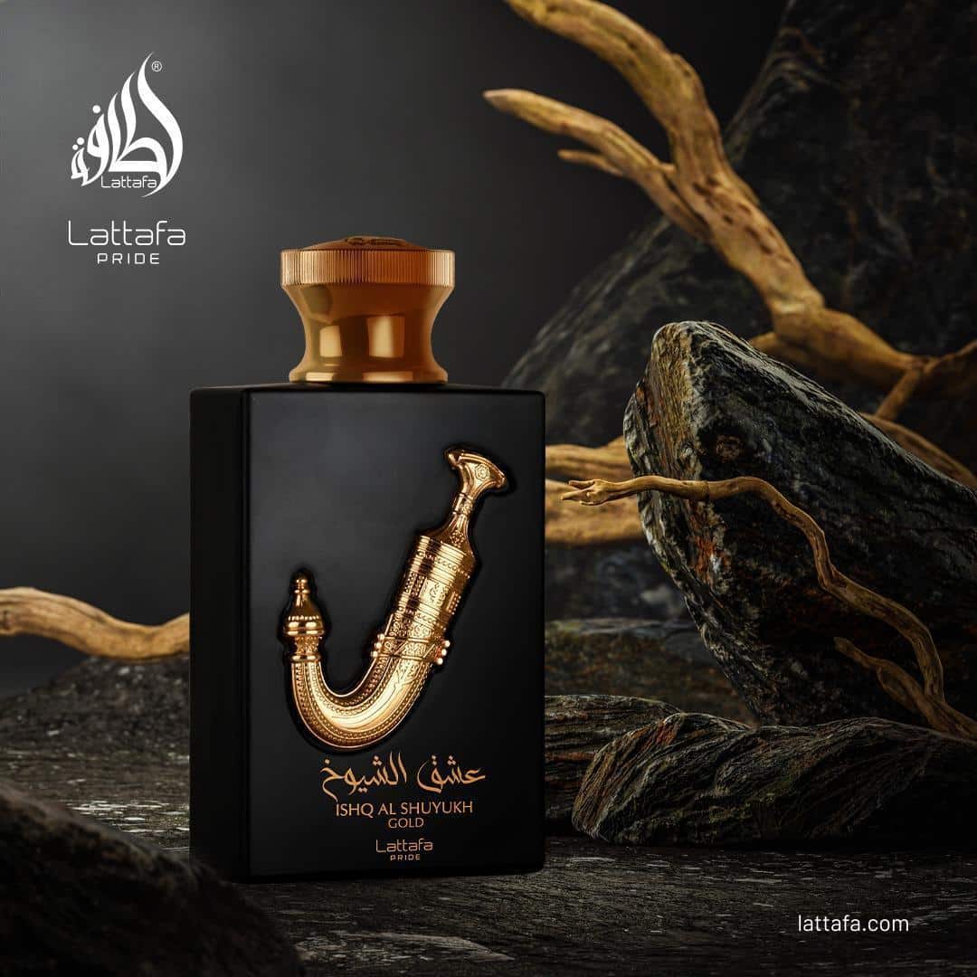 Ishq Al Shuyukh Gold 100ml Eau de Parfum by Lattafa Pride fragrance bottle