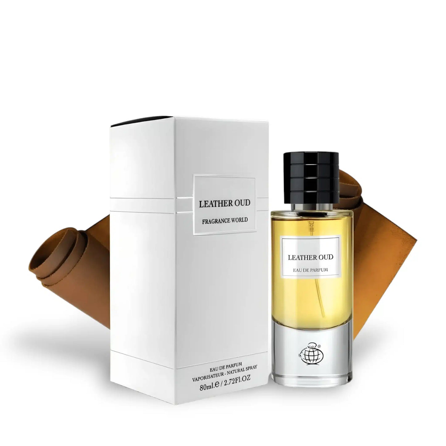 Leather Oud 80ml Eau de Parfum by Fragrance World bottle and box