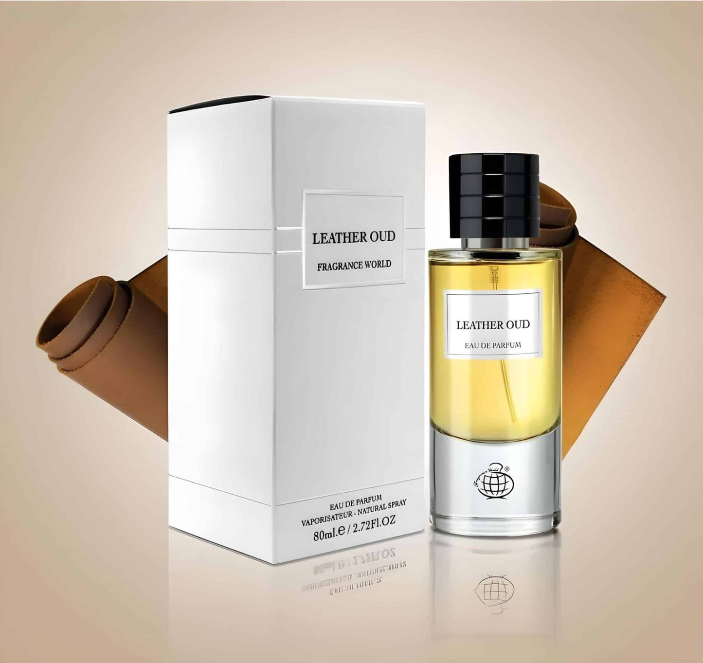 Leather Oud 80ml Eau de Parfum by Fragrance World perfume bottle close up