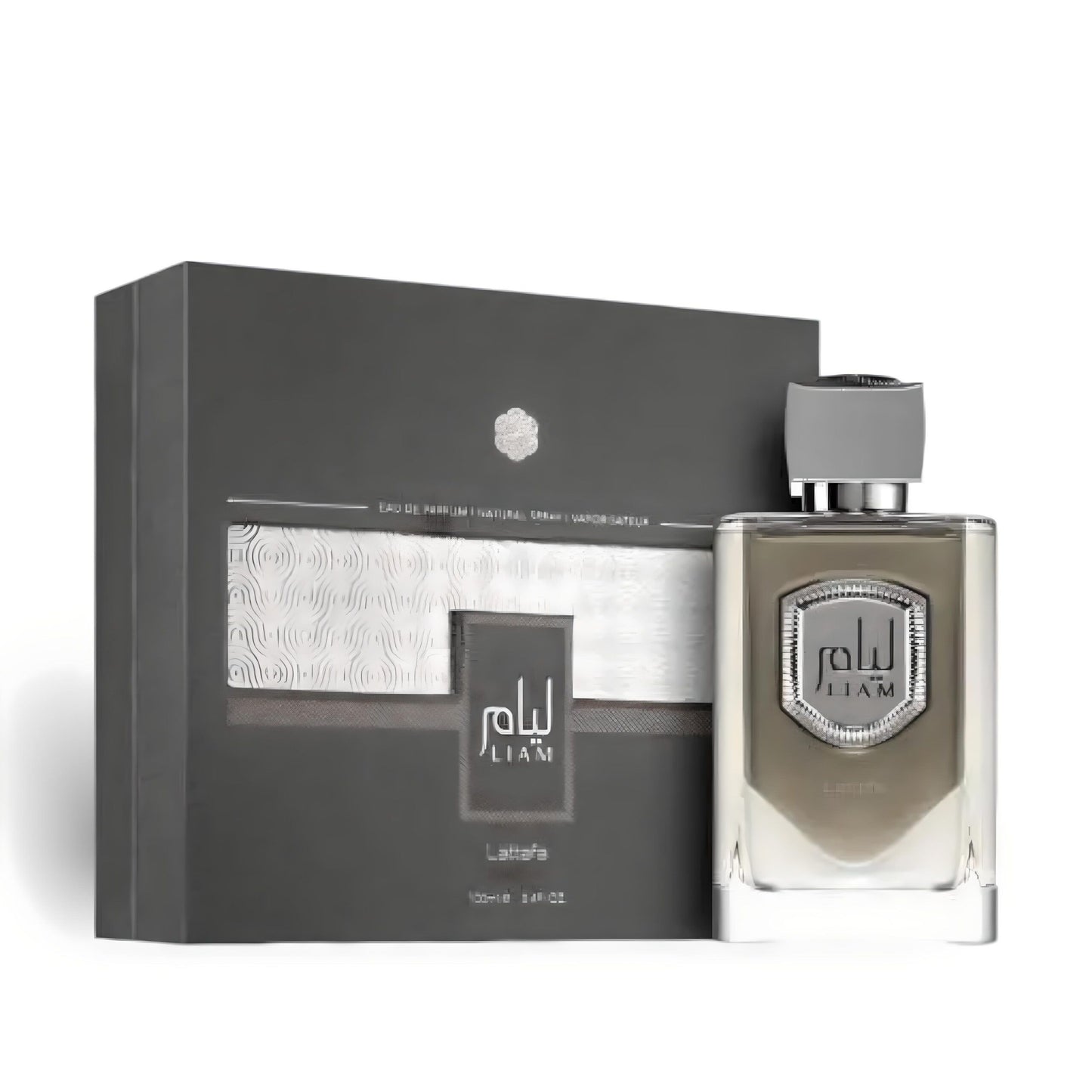 Liam Grey 100ml Eau de Parfum by Lattafa bottle and box