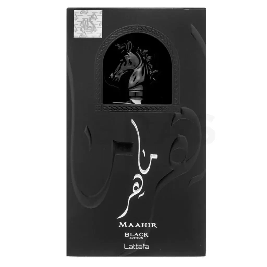 Maahir Black Edition 100ml Eau de Parfum by Lattafa fragrance packaging front view