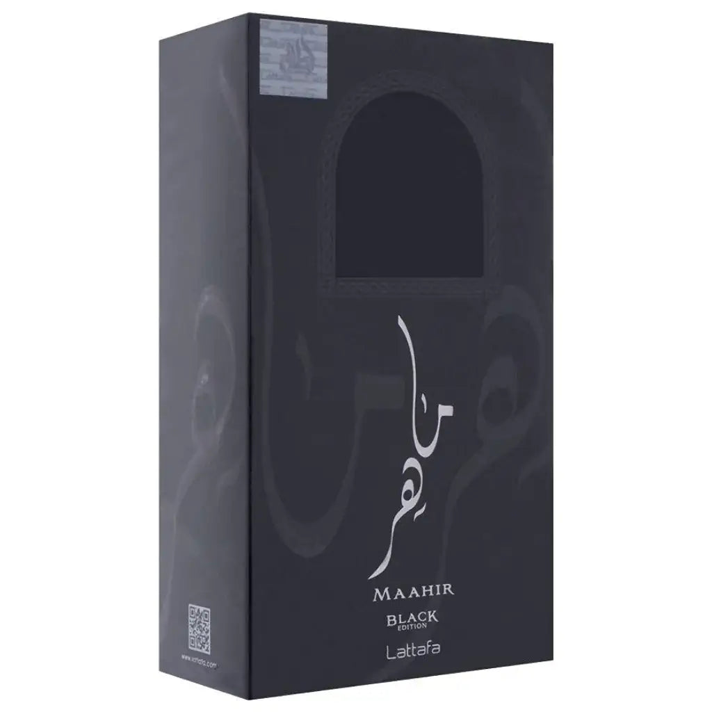 Maahir Black Edition 100ml Eau de Parfum by Lattafa perfume bottle close up