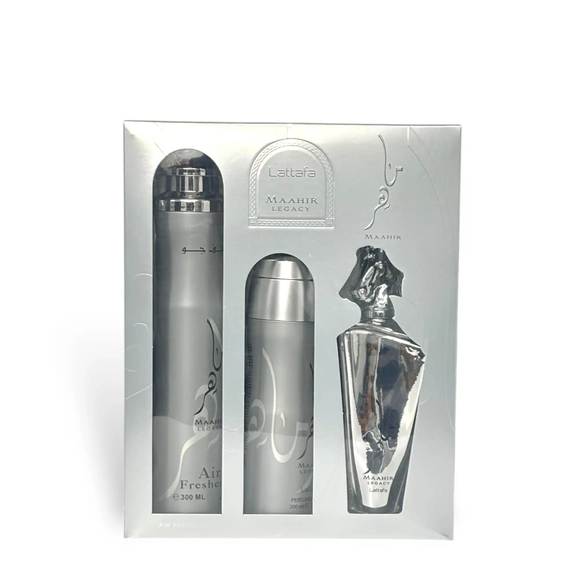 Maahir Legacy Gift Set by Lattafa fragrance packaging front view