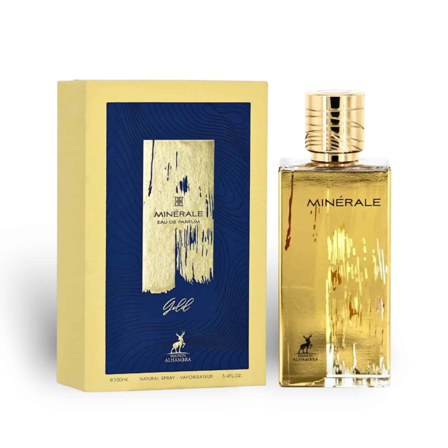 Minerale Gold 100ml Eau de Parfum by Maison Alhambra bottle and box