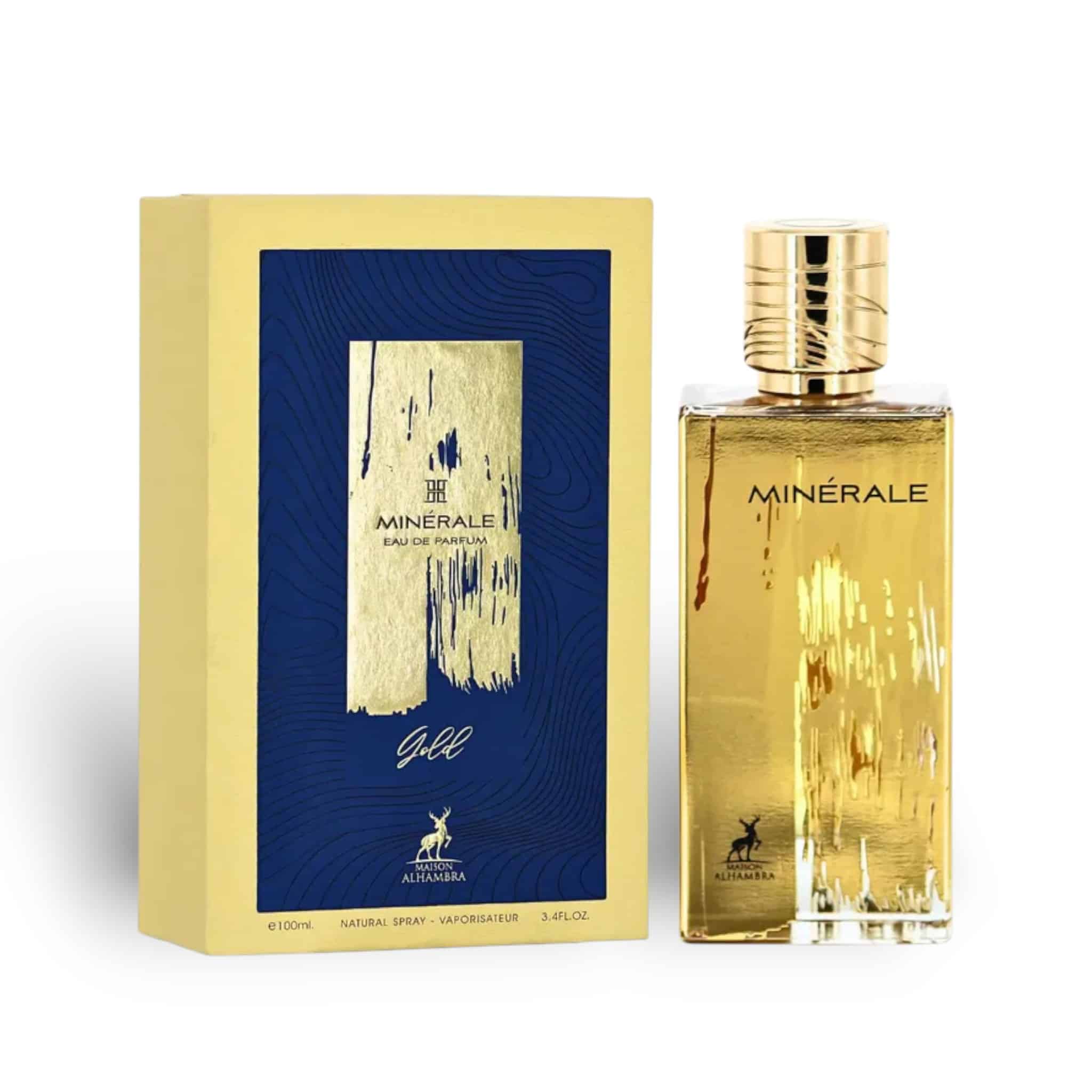Minerale Gold 100ml Eau de Parfum by Maison Alhambra bottle and box