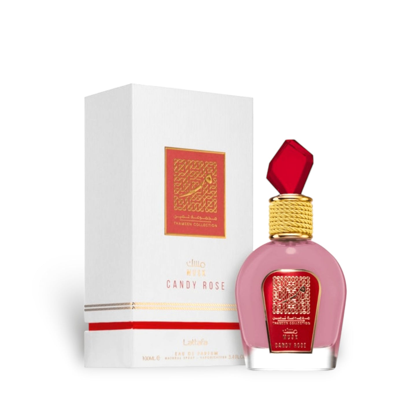 Musk Candy Rose (Thameen Collection) 100ml Eau de Parfum by Lattafa fragrance packaging front view