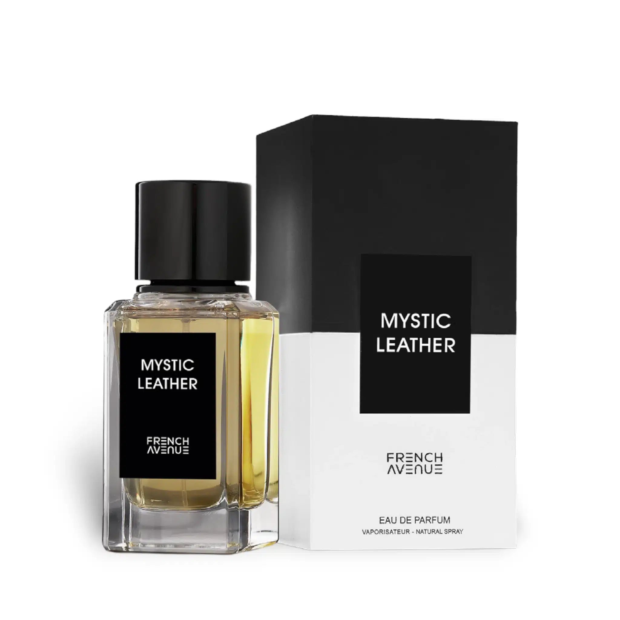 Mystic Leather 100ml Eau de Parfum by French Avenue bottle and box