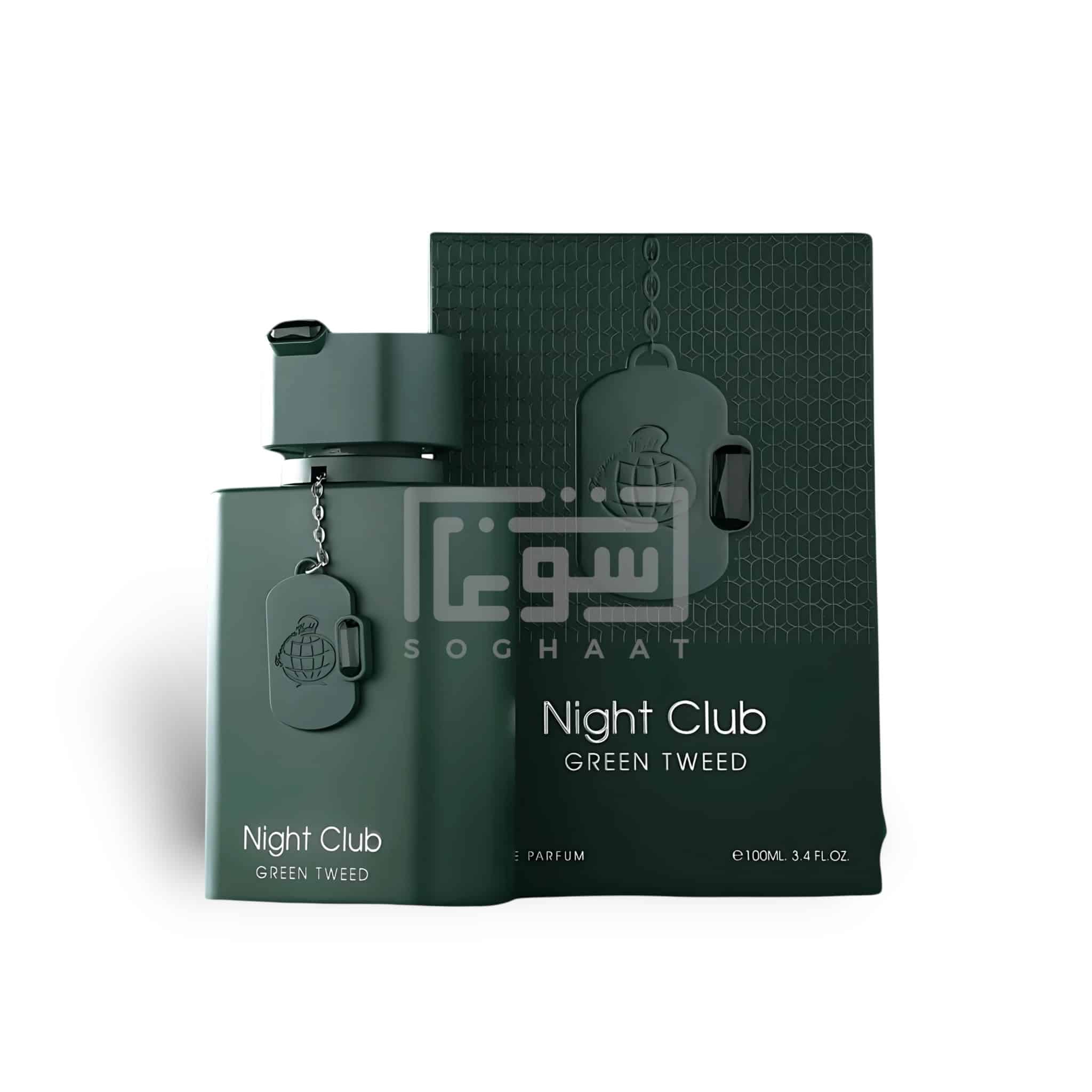 Night Club Green Tweed 100ml Eau de Parfum by Fragrance World perfume bottle close up
