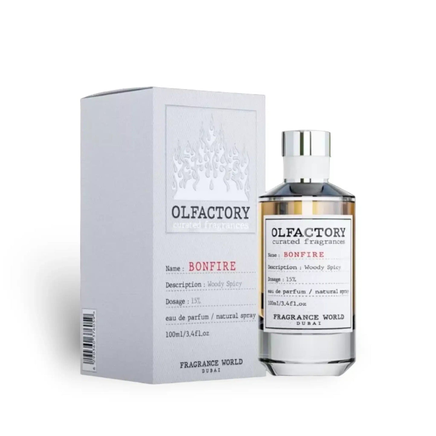 Olfactory Bonfire 100ml Eau de Parfum by Fragrance World bottle and box