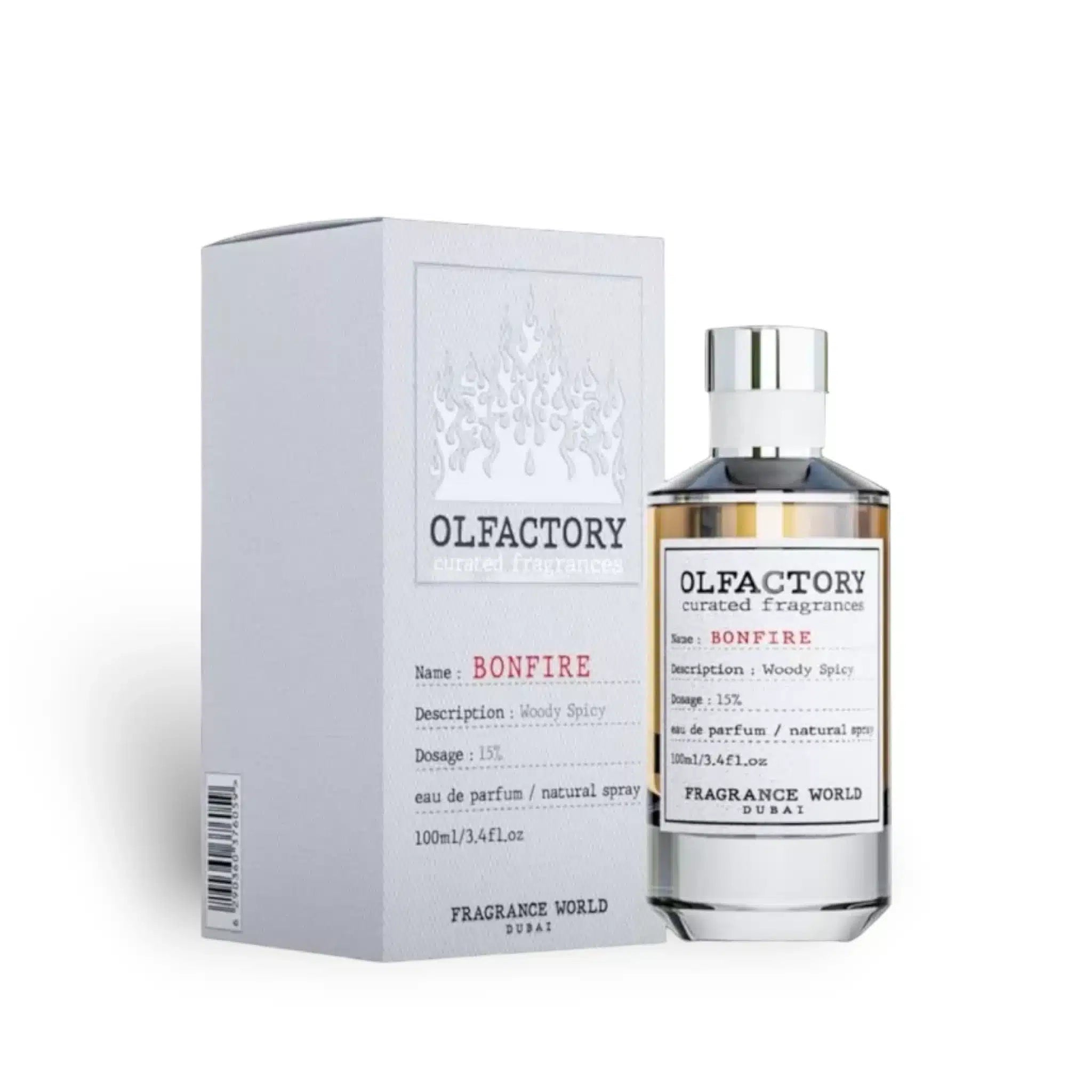 Olfactory Bonfire 100ml Eau de Parfum by Fragrance World bottle and box