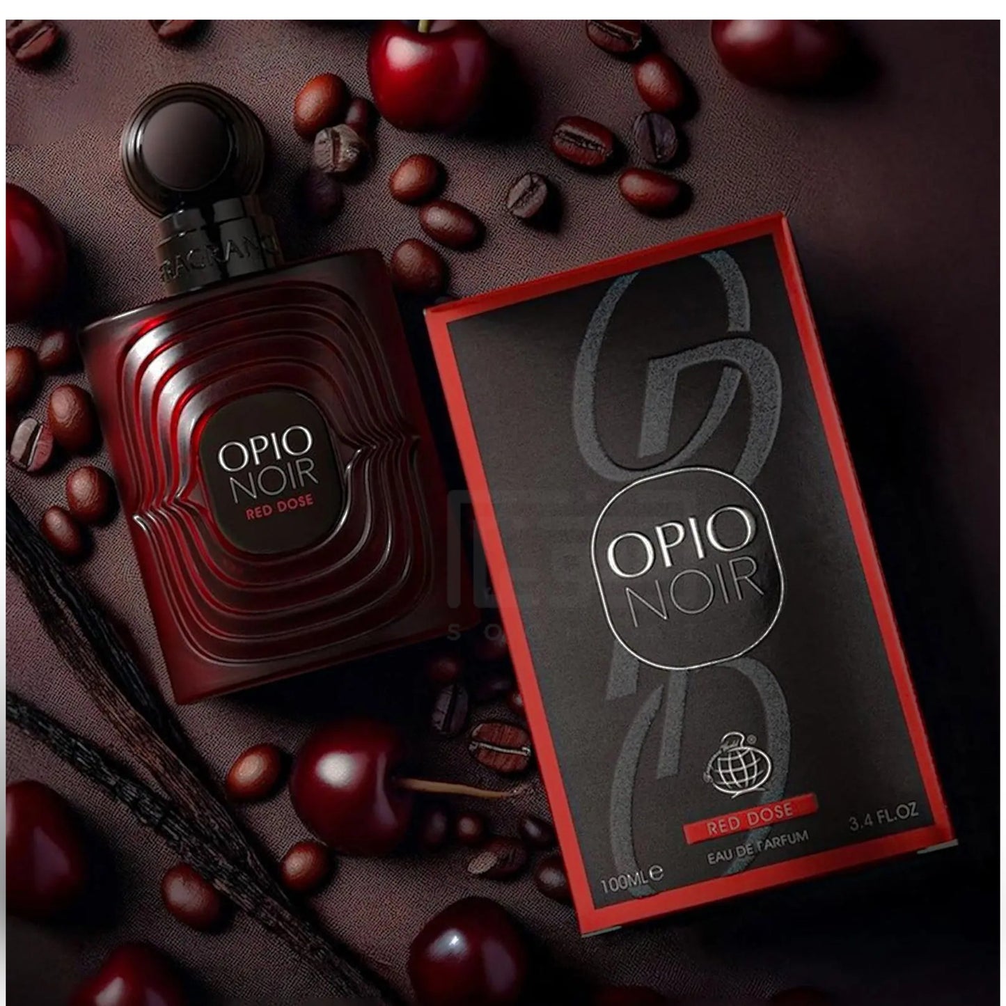 Opio Noir Red Dose 100ml Eau de Parfum by Fragrance World perfume bottle close up