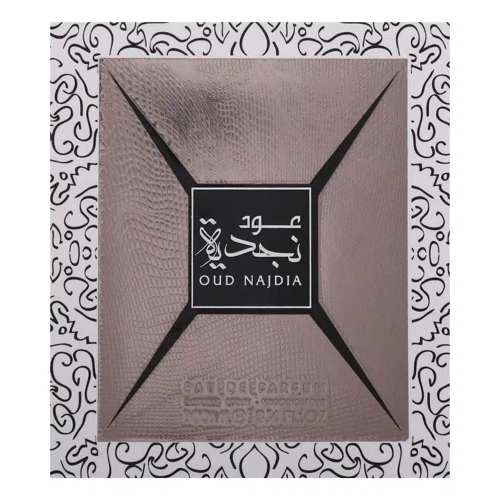 Oud Najdia for 100ml Eau de Parfum by Lattafa perfume bottle close up