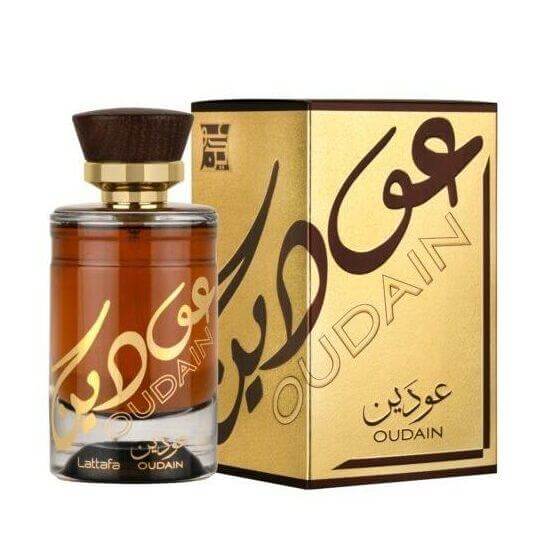 Oudain 100ml Eau de Parfum by Lattafa bottle and box