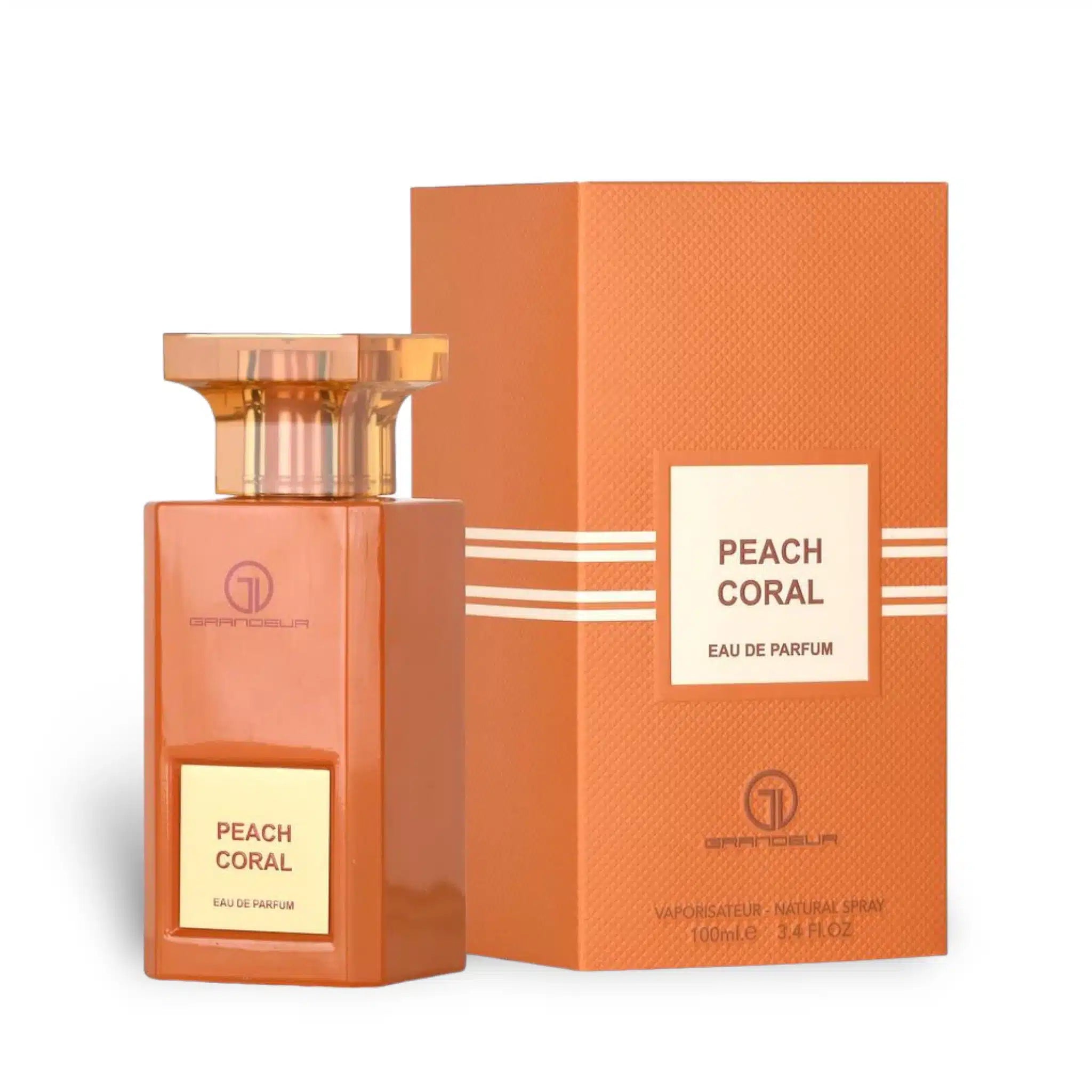 Peach Coral 100ml Eau de Parfum by Grandeur Perfumes bottle and box