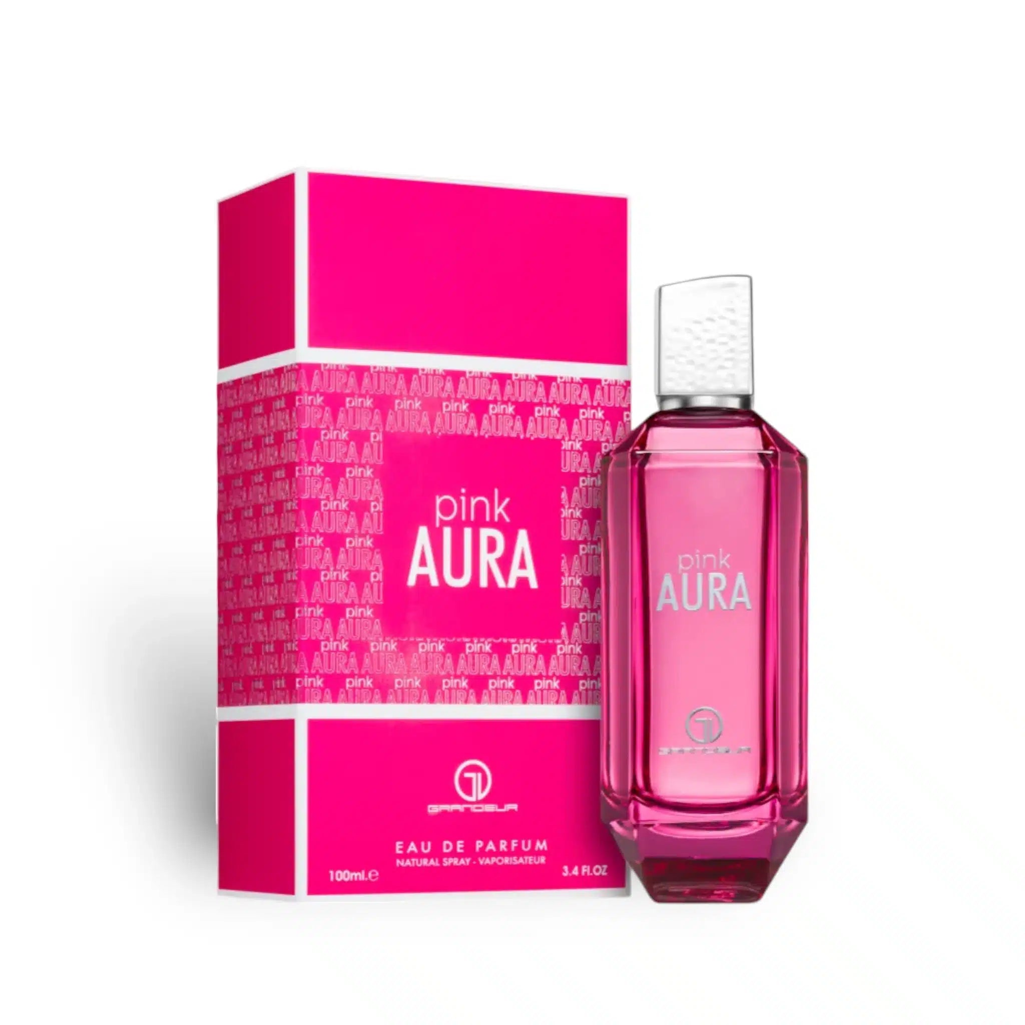 Pink Aura 100ml Eau de Parfum by Grandeur Perfumes bottle and box