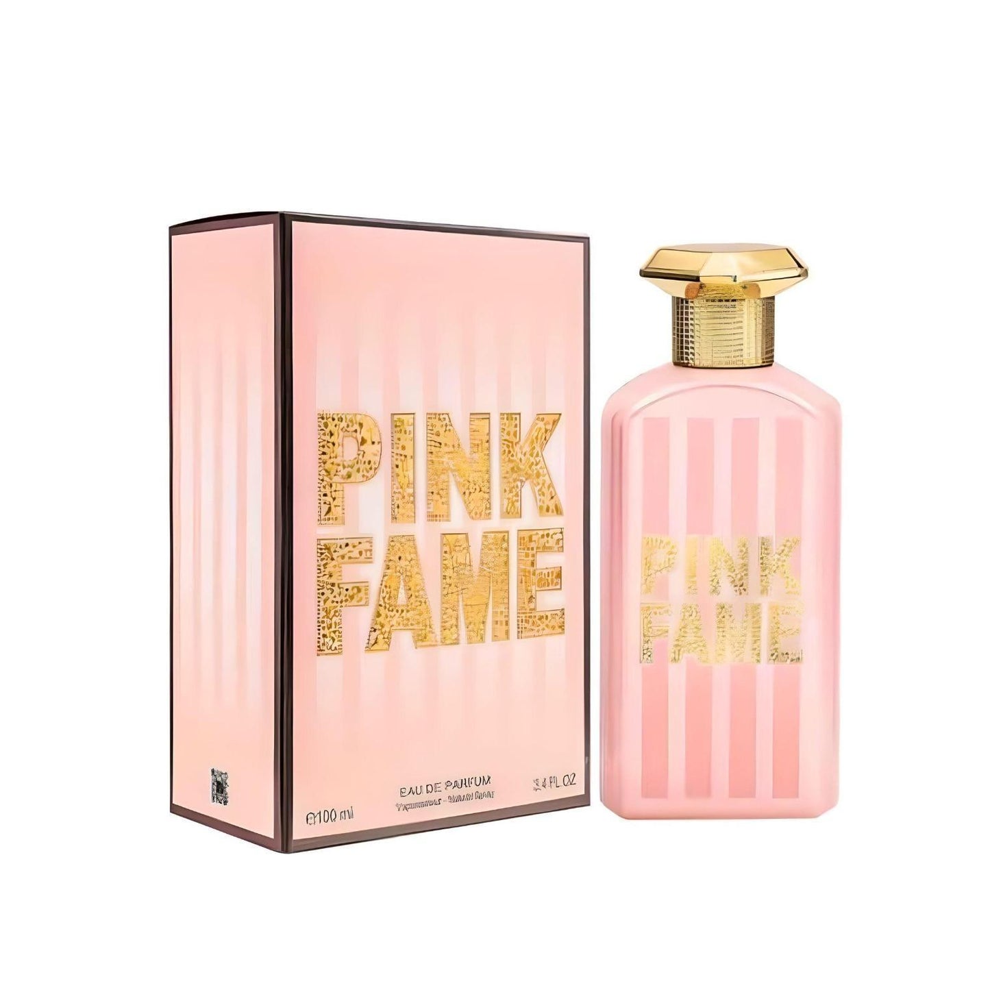 Pink Fame 100ml Eau de Parfum by Fragrance World bottle and box
