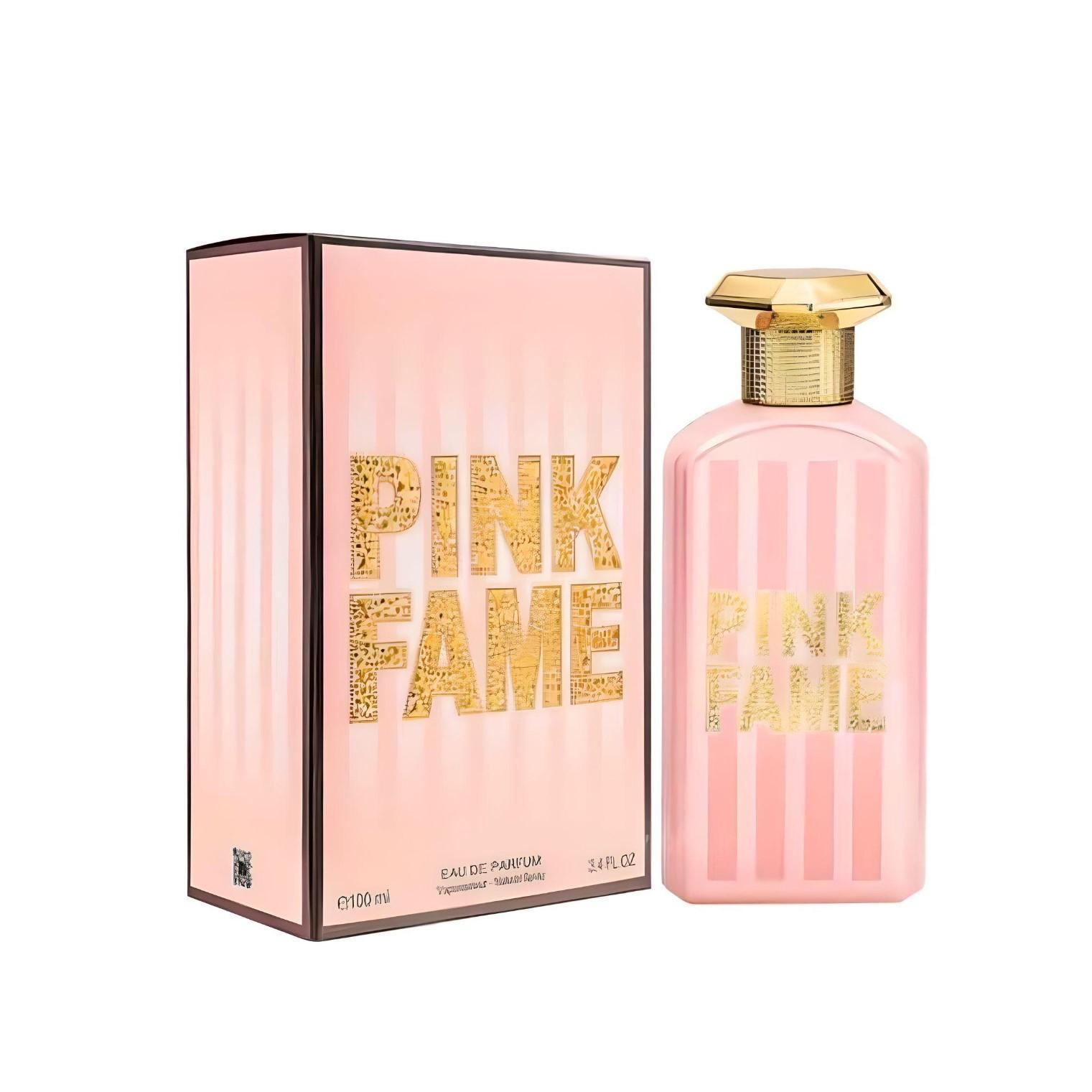 Pink Fame 100ml Eau de Parfum by Fragrance World bottle and box