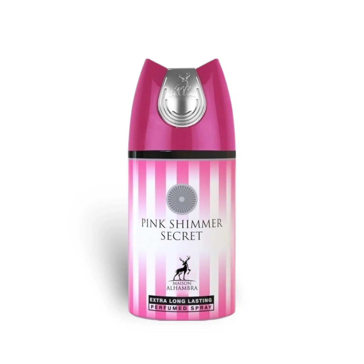 Pink Shimmer Secret Perfumed 250ml Body Spray by Maison Alhambra body spray can and packaging