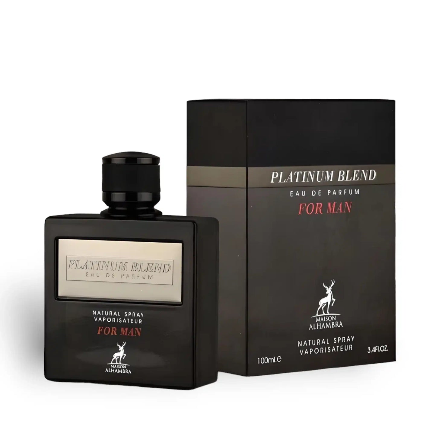 Platinum Blend For Man 100ml Eau de Parfum by Maison Alhambra bottle and box