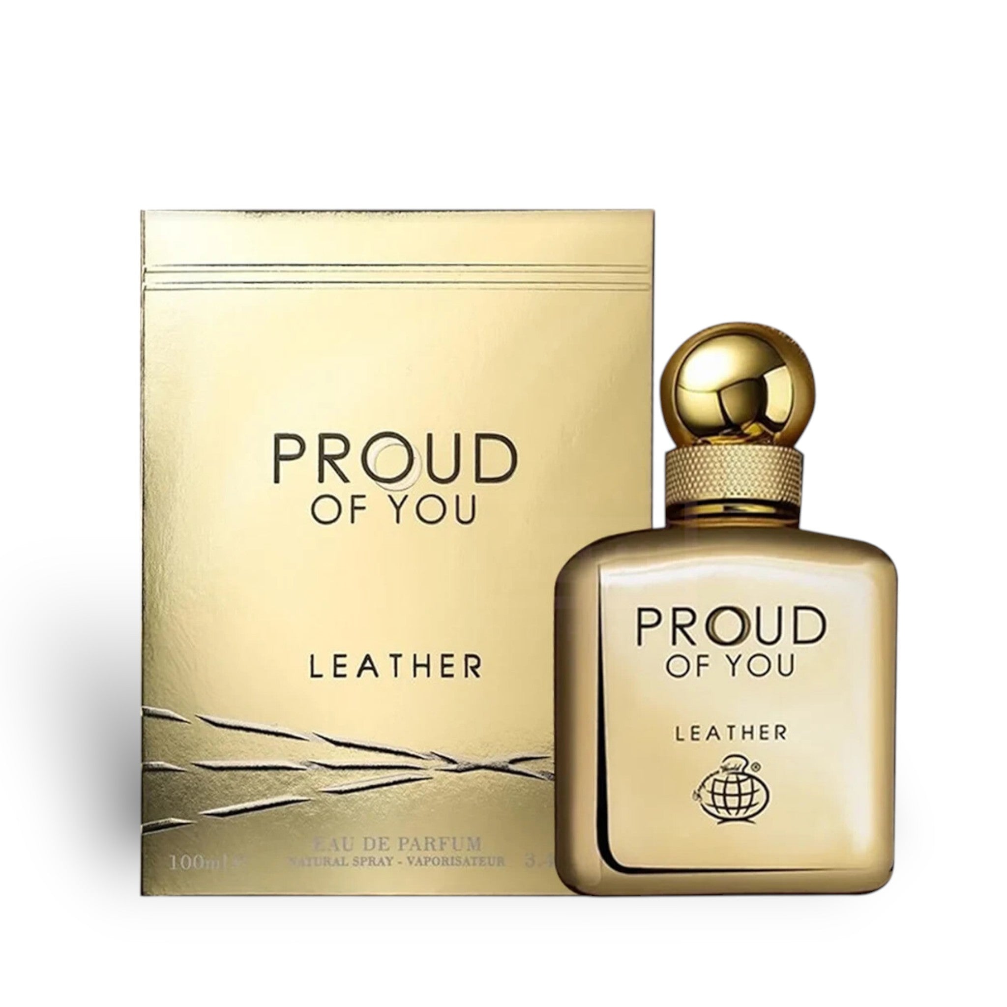 Proud Of You Leather 100ml Eau de Parfum by Fragrance World bottle and box