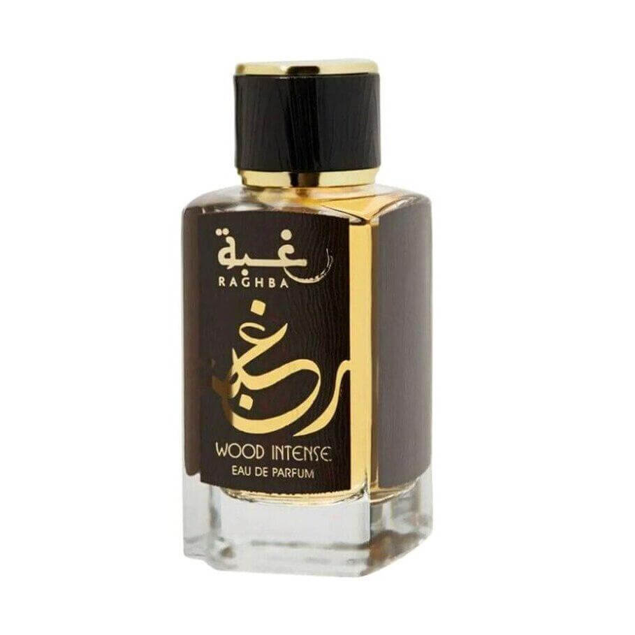 Raghba Wood Intense 100ml Eau de Parfum by Lattafa fragrance packaging front view