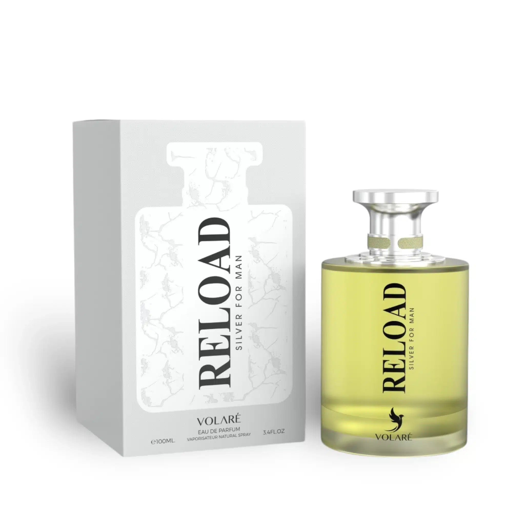 Reload Silver 100ml Eau de Parfum by Lattafa bottle and box