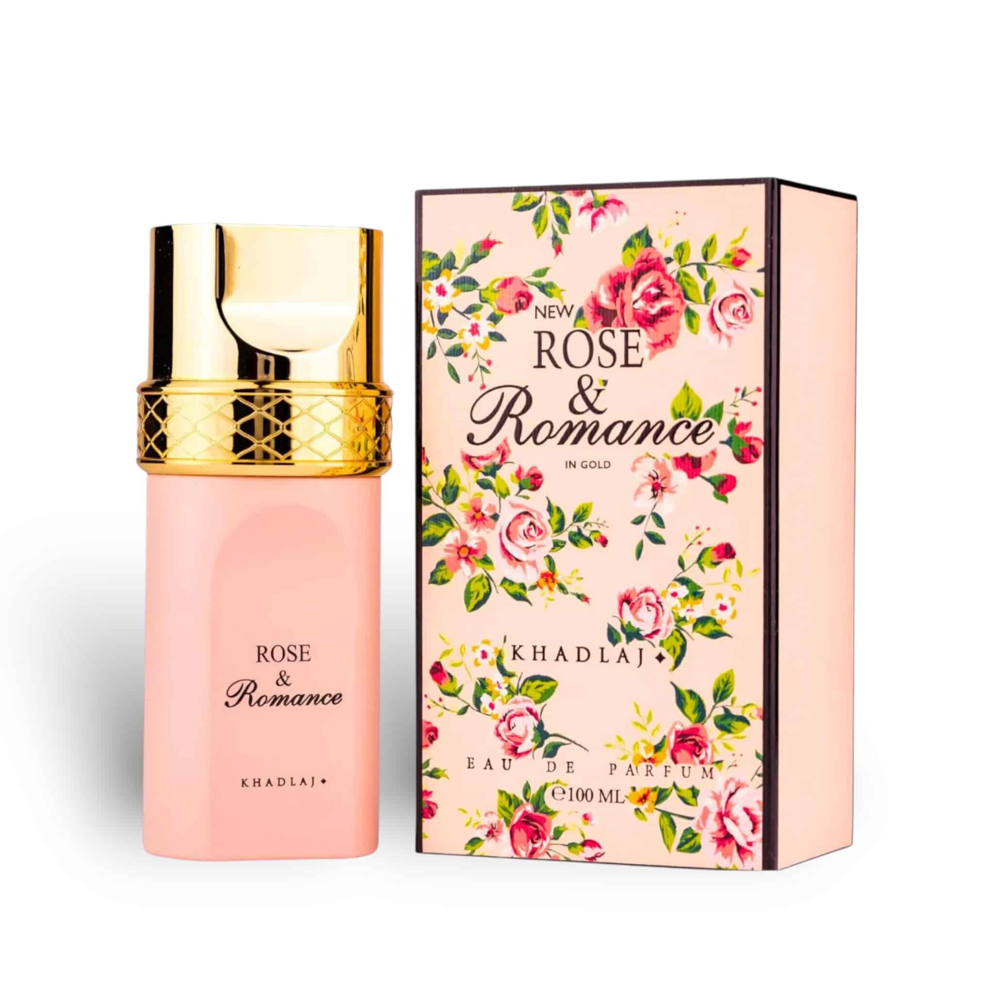 Rose & Romance in Gold 100ml Eau de Parfum by Khadlaj bottle and box