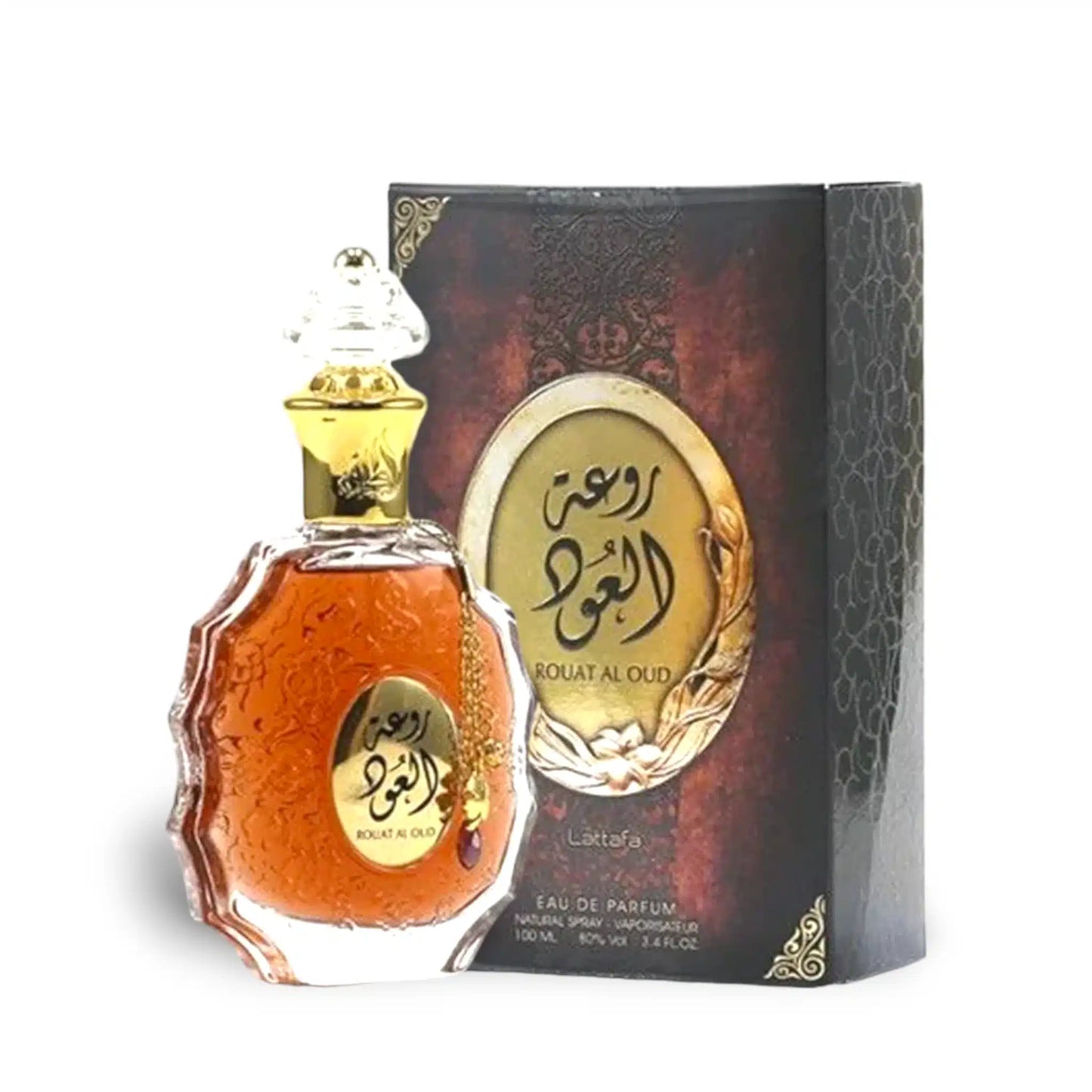 Rouat Al Oud 100ml Eau de Parfum by Lattafa bottle and box
