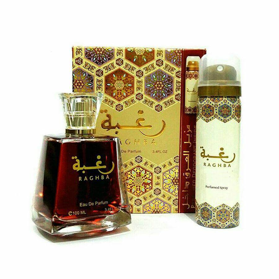 Raghba with 100ml Body Spray by Lattafa body spray can and packaging