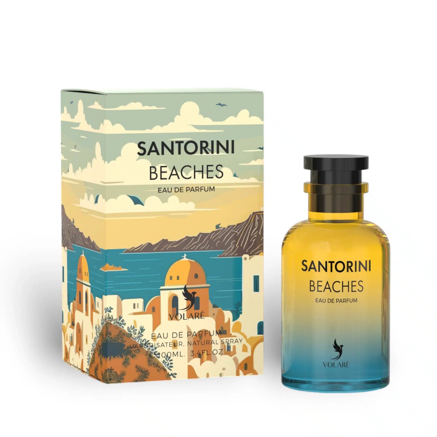 Santorini Beaches 100ml Eau de Parfum by Lattafa bottle and box