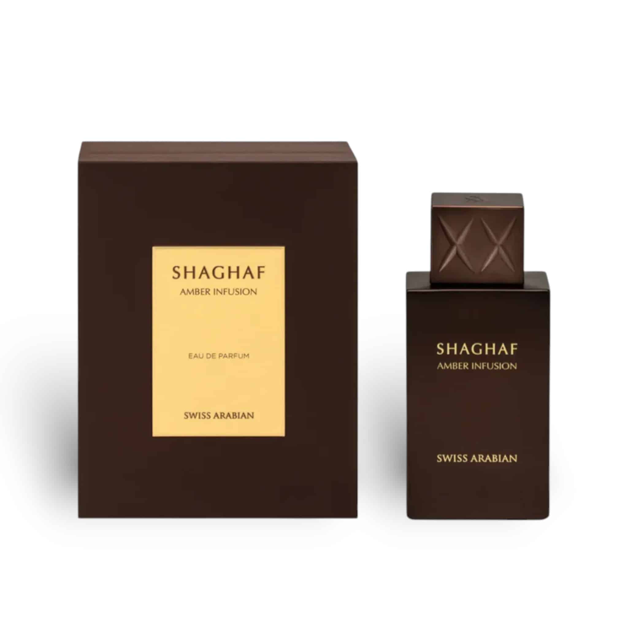 Shaghaf Amber Infusion 75ml Eau de Parfum by Swiss Arabian fragrance packaging front view