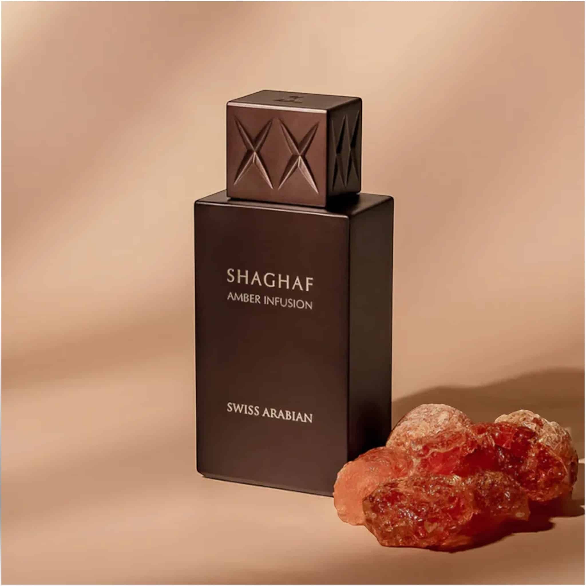Shaghaf Amber Infusion 75ml Eau de Parfum by Swiss Arabian perfume bottle close up