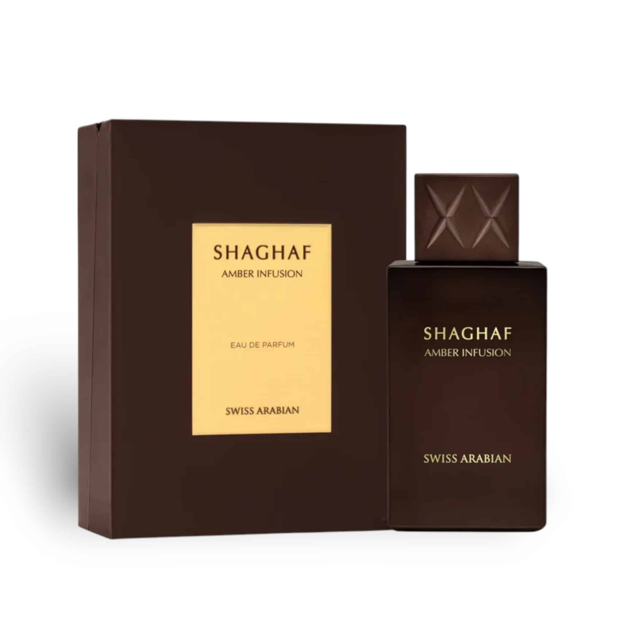 Shaghaf Amber Infusion 75ml Eau de Parfum by Swiss Arabian bottle and box