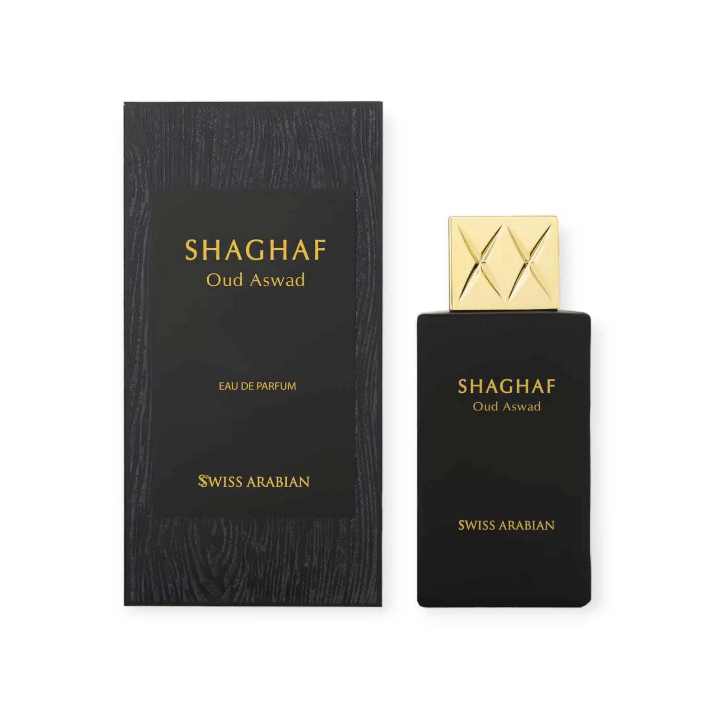 Shaghaf Oud Aswad 75ml Eau de Parfum by Swiss Arabian perfume bottle close up