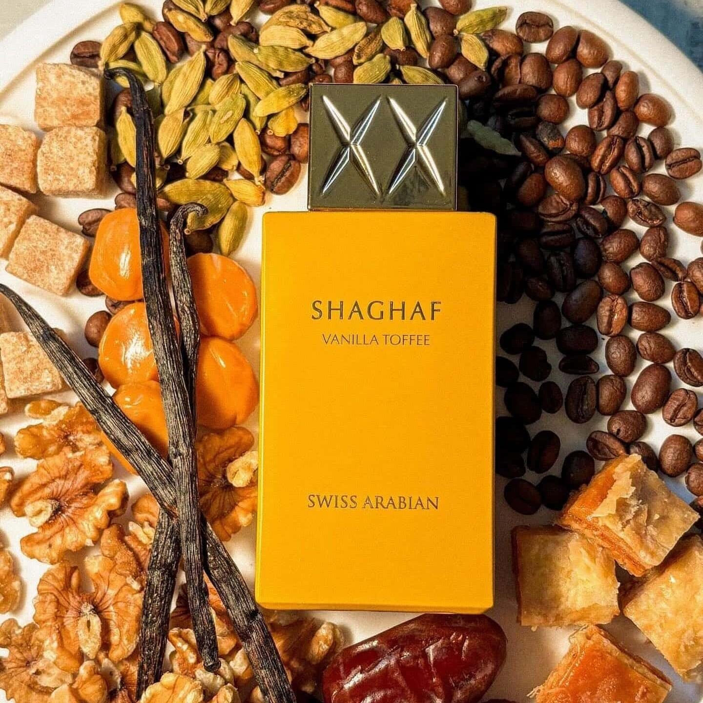 Shaghaf Vanilla Toffee 75ml Eau de Parfum by Swiss Arabian bottle and box